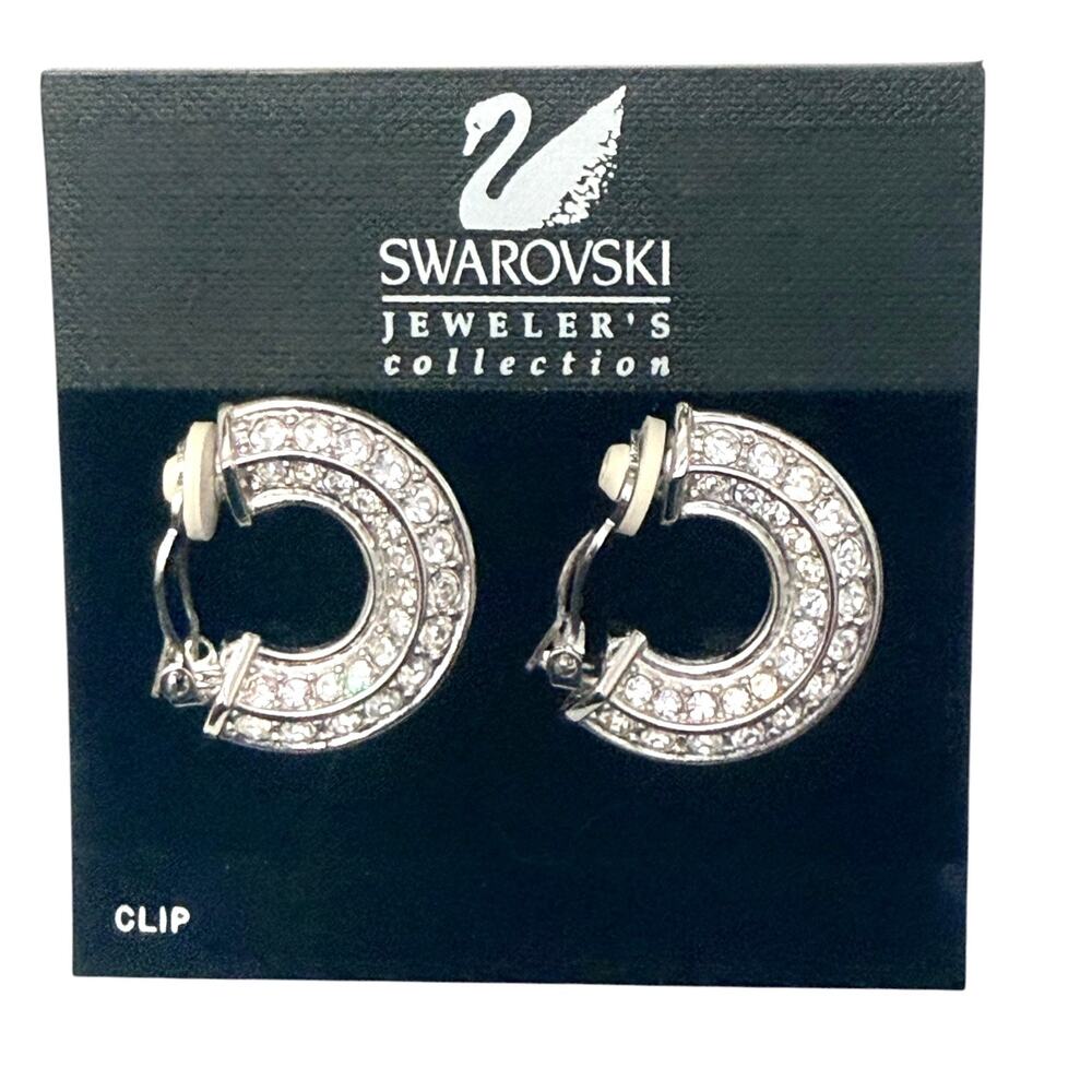 Swarovski Crystal Clip On Earrings Rhodium Plate Hoop Circle 1.25" Swan Logo New